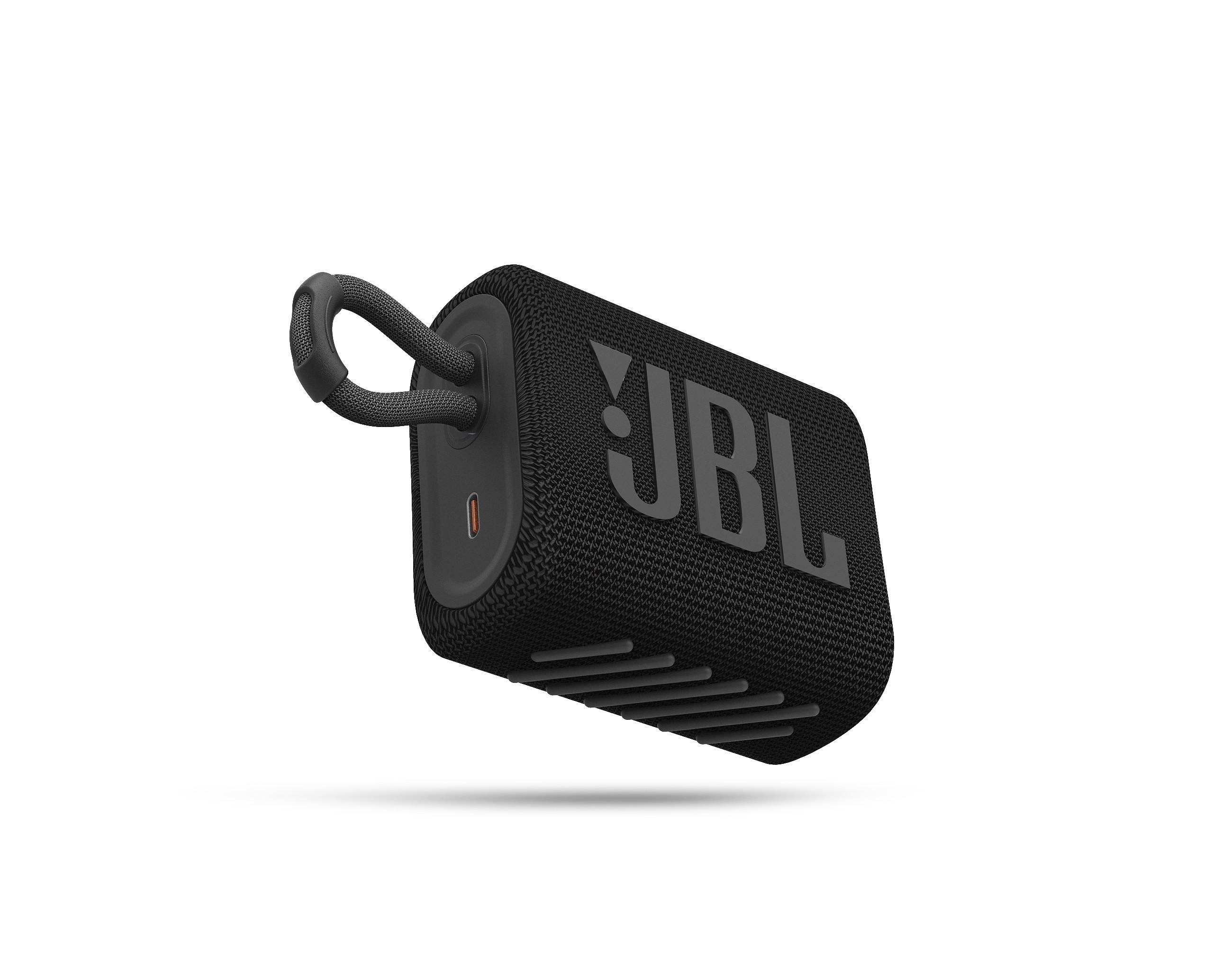 Schwarzer JBL-Lautsprecher mit Schlaufe zum Aufhängen.