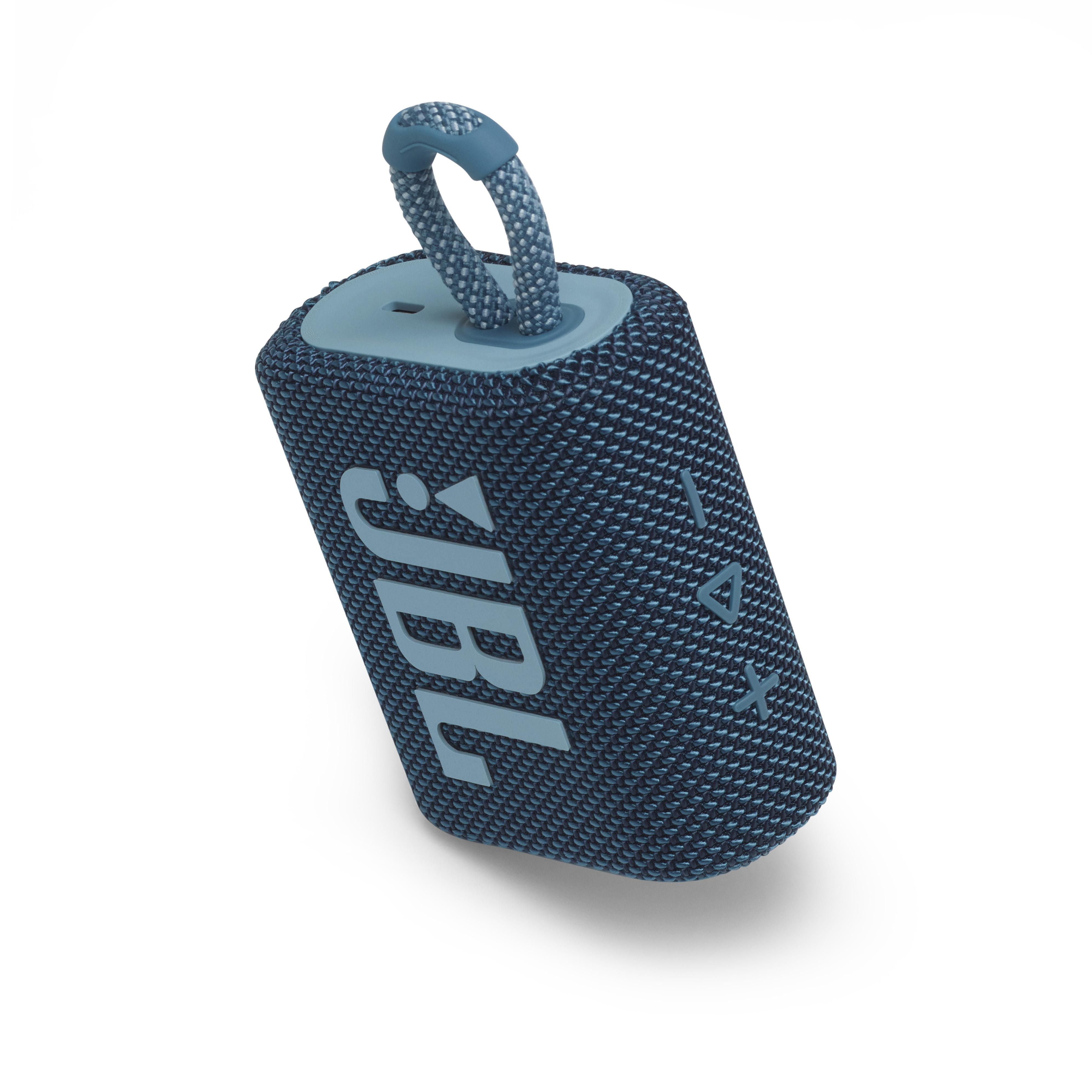 Blauer JBL-Lautsprecher, zylindrische Form. Hat einen Griff und ein Logo.