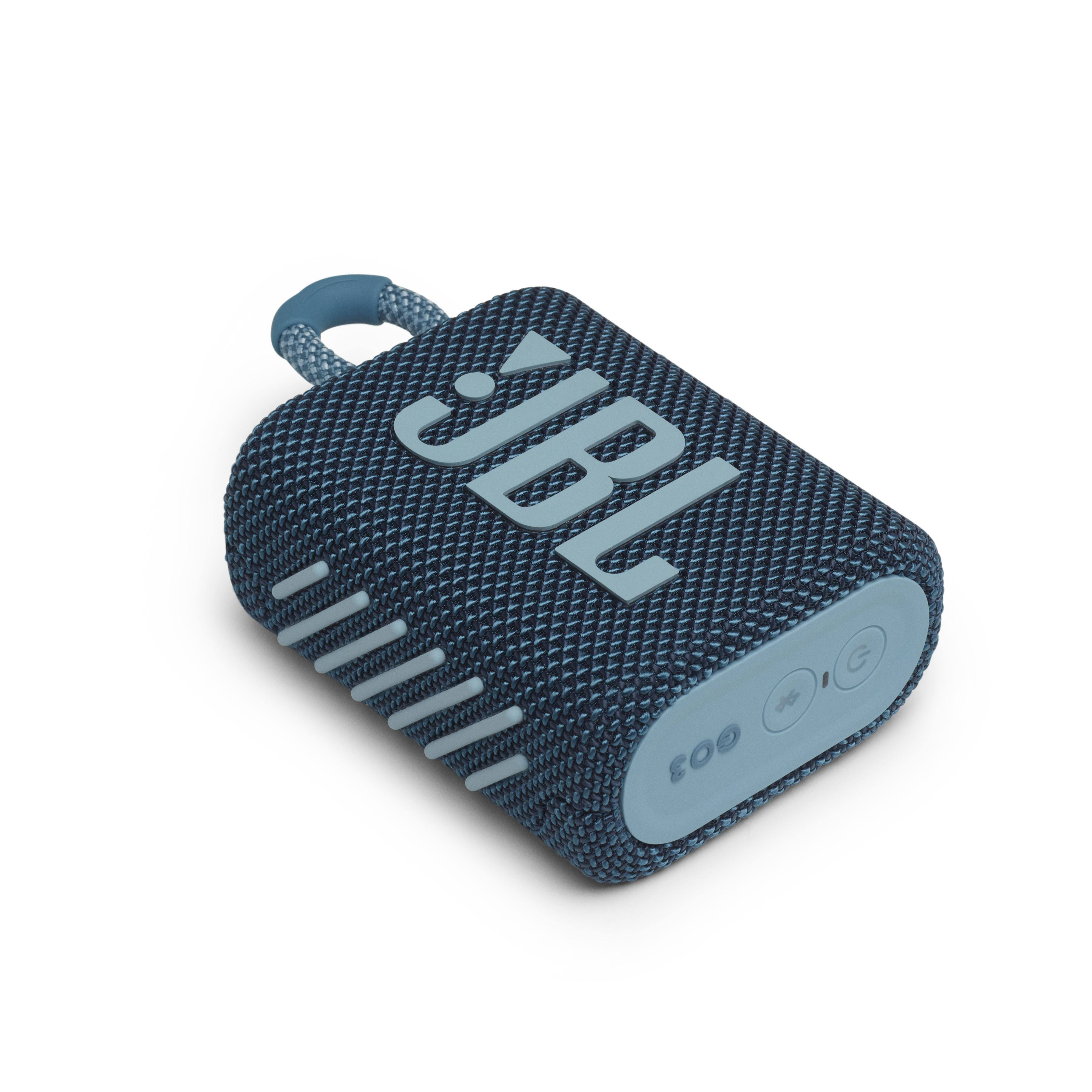 Ein blauer JBL-Lautsprecher mit Trageschlaufe und Ein-/Aus-Taste.