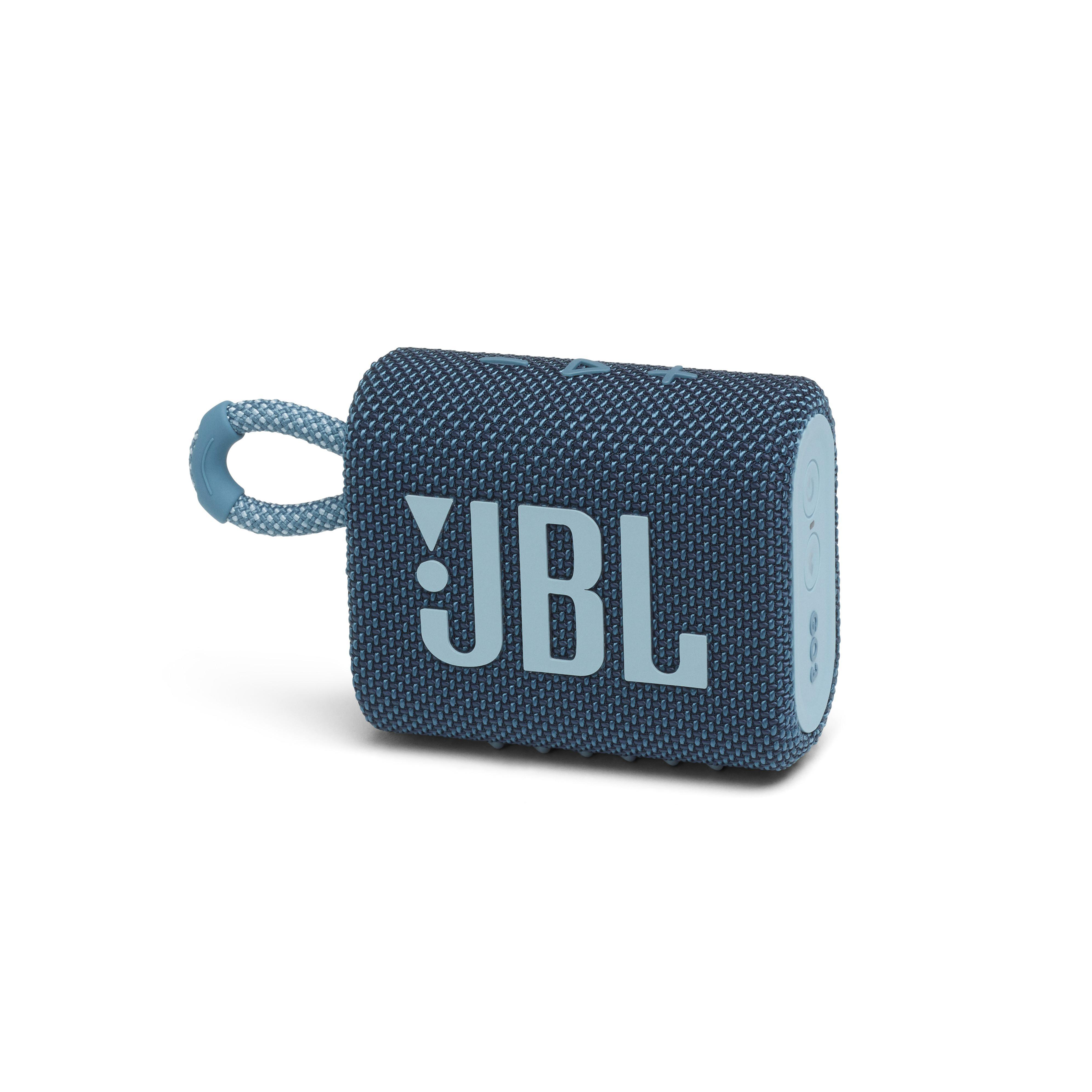 Ein blauer JBL Go 3-Lautsprecher mit einer hellblauen Schlaufe.