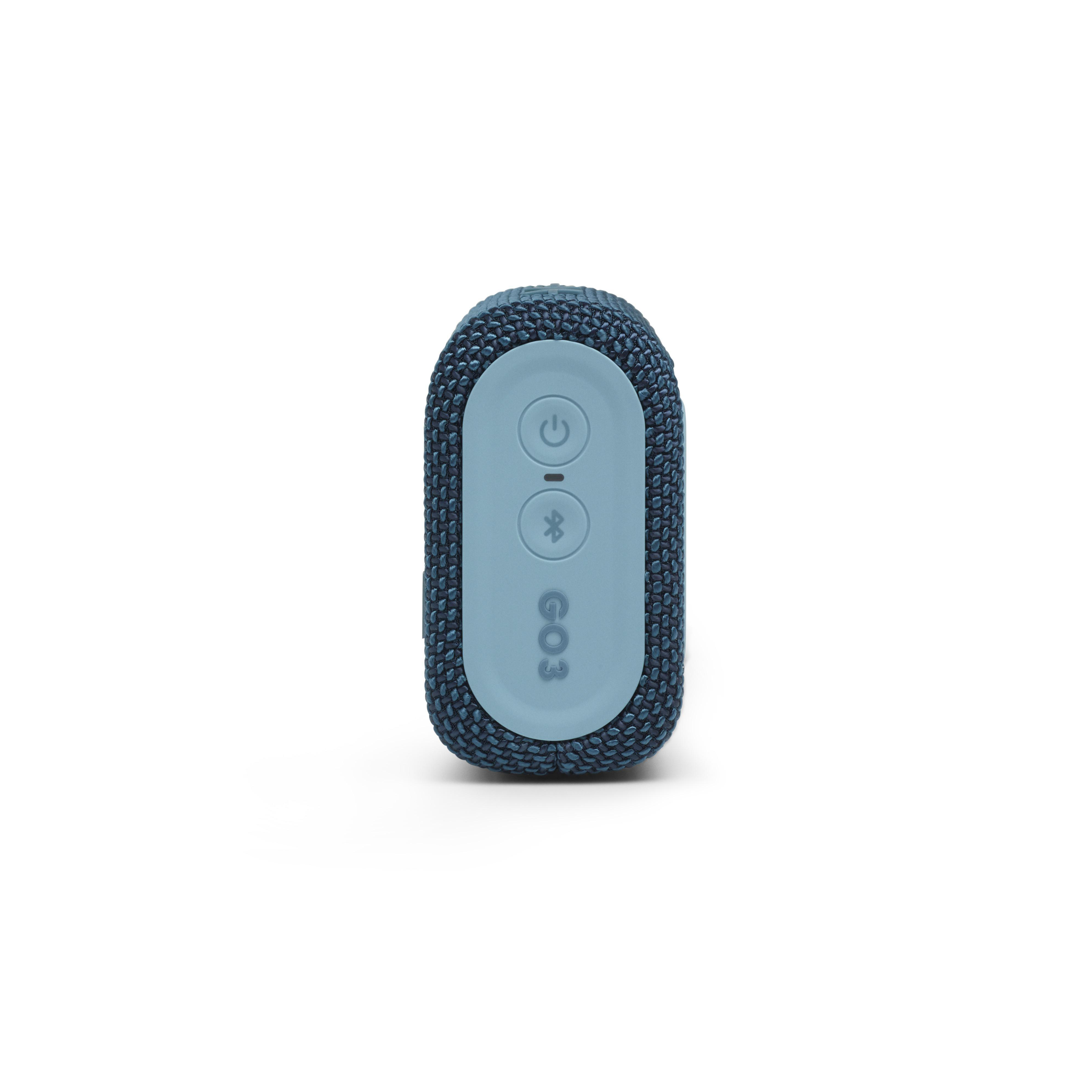 Blauer Lautsprecher mit Power- und Bluetooth-Tasten, GO3-Label.
