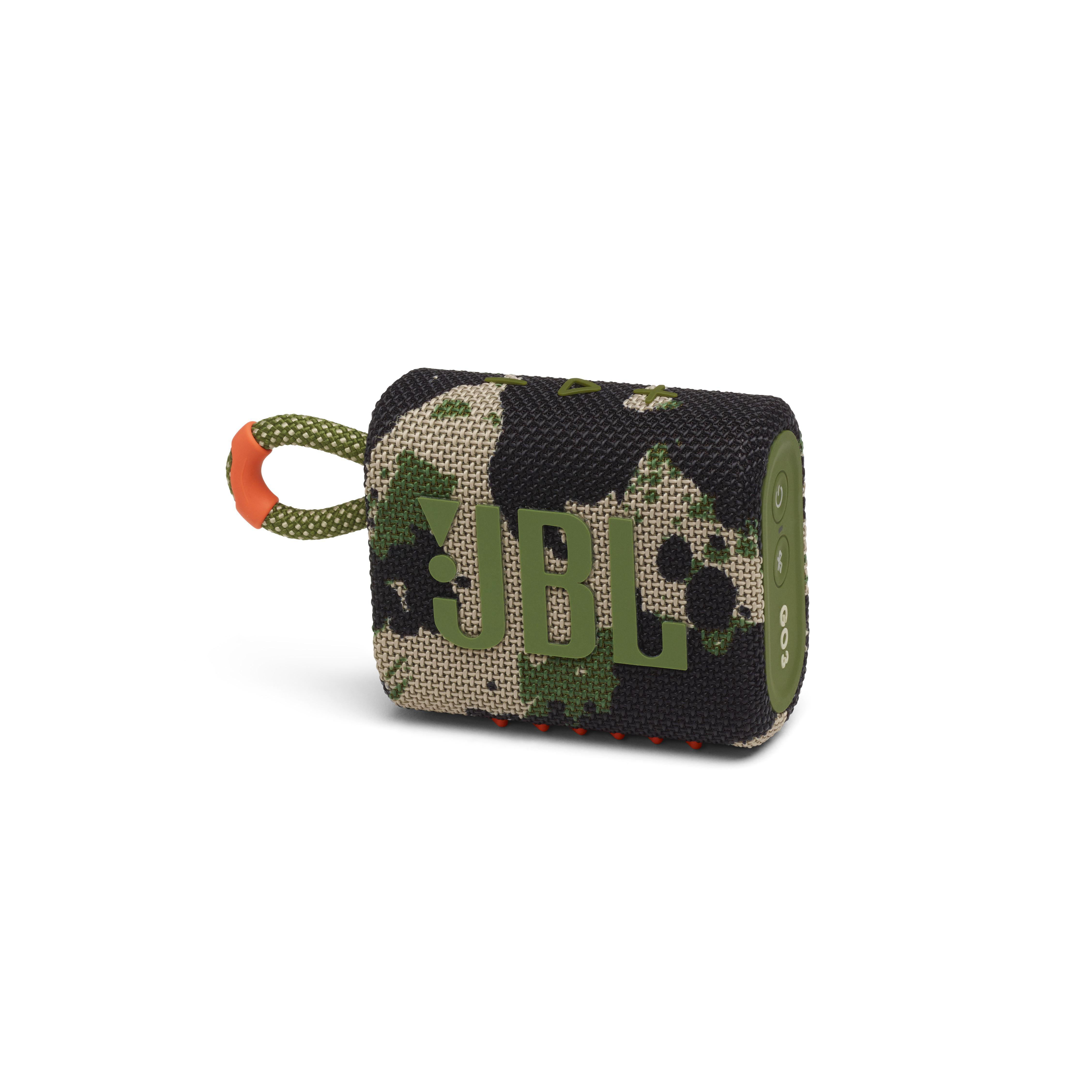 Tragbarer JBL-Lautsprecher mit Tarnmuster und grünem JBL-Logo.
