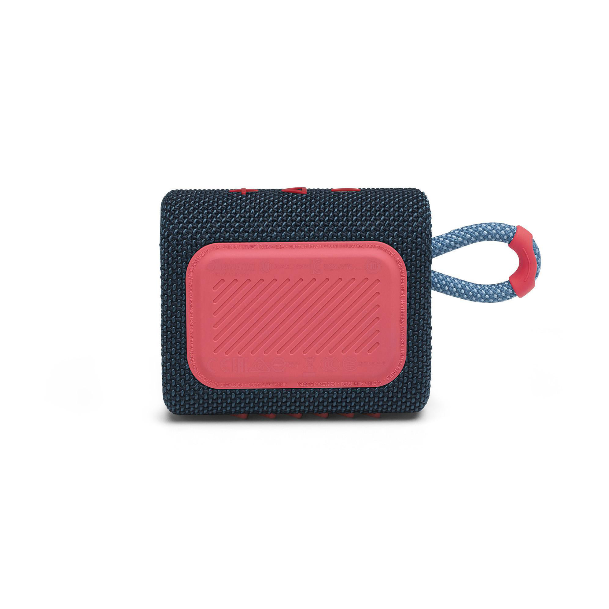Blauer und roter JBL-Lautsprecher. Rechteckige Form mit blauem Riemen. Rotes Logo vorn.