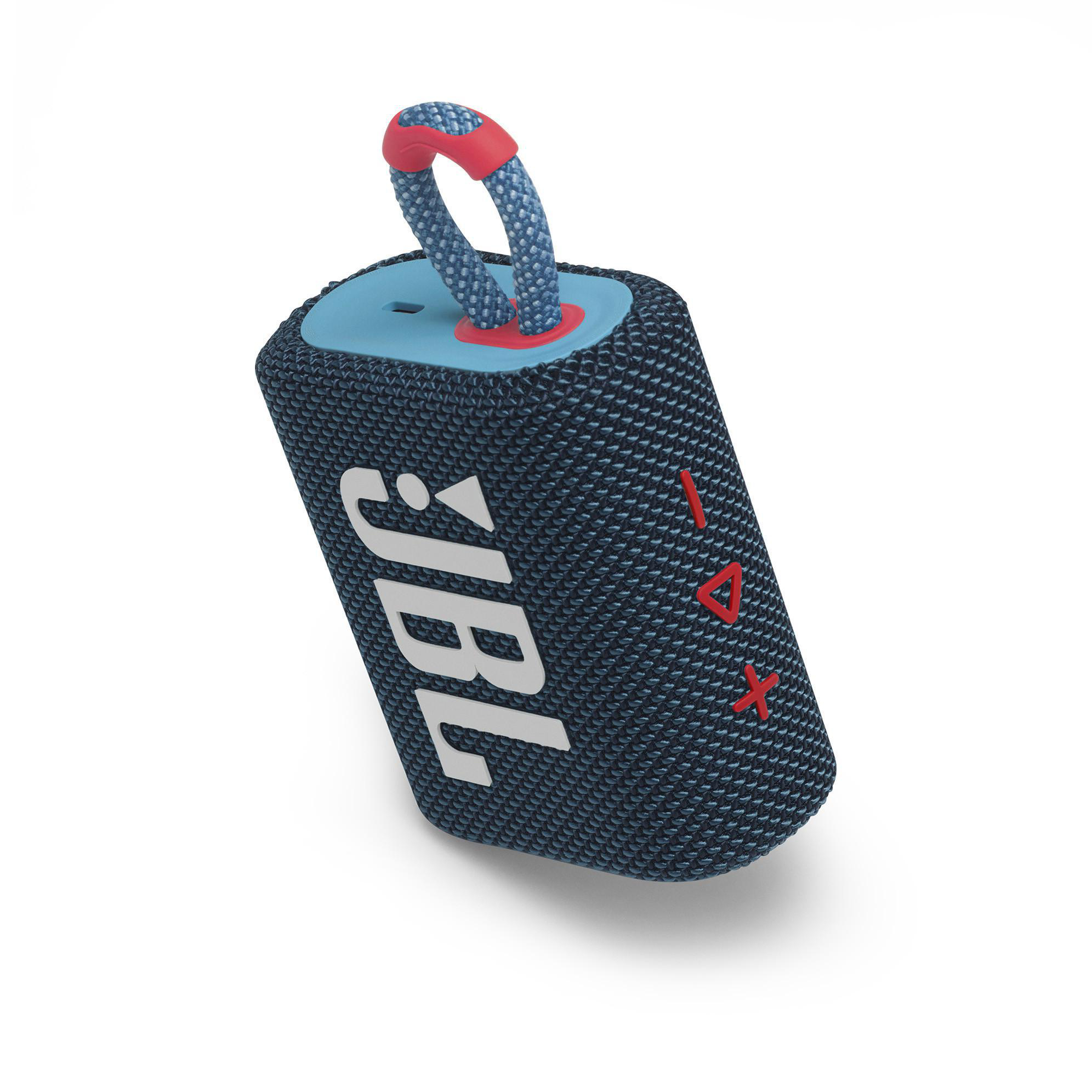Blau-schwarzer JBL-Lautsprecher mit roter Schlaufe. Es hat das JBL-Logo und ist auf weißem Untergrund.