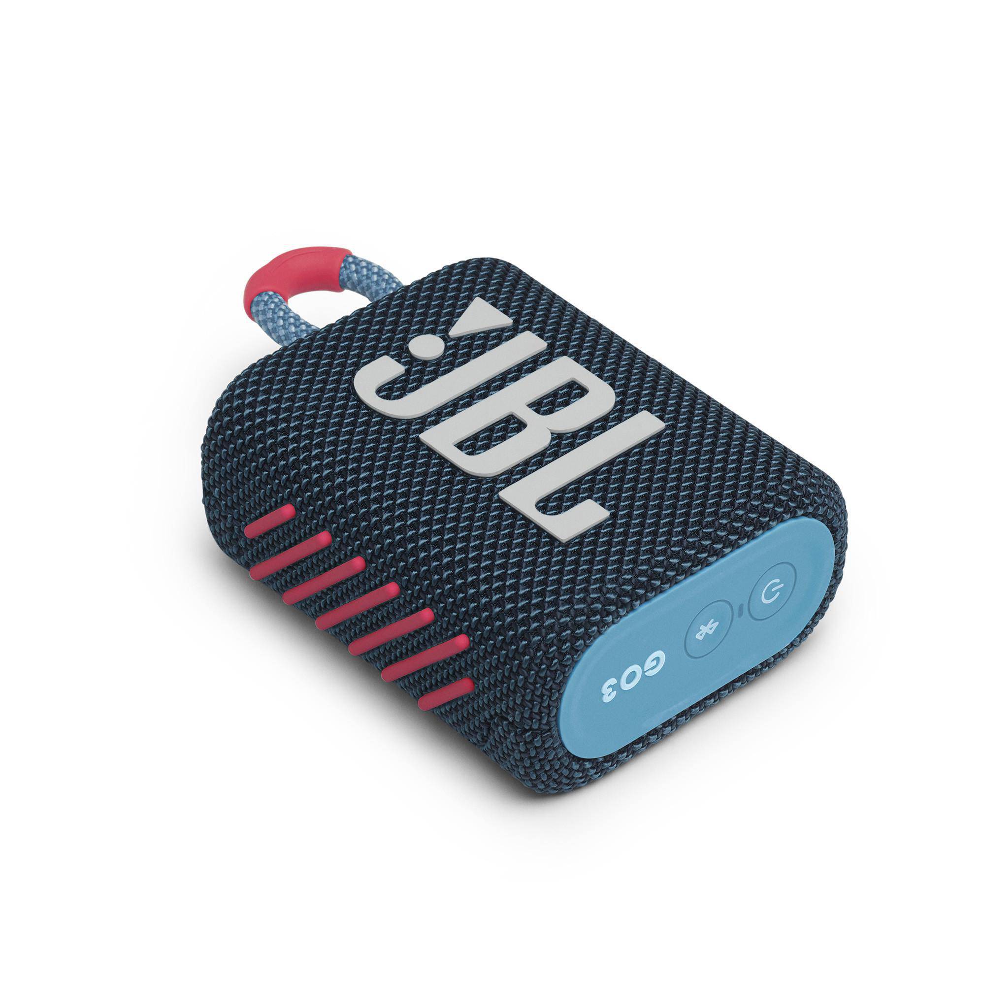 Blau-schwarzer JBL Go 3 Lautsprecher. Rote Akzente, weißes JBL-Logo und Bedientasten.