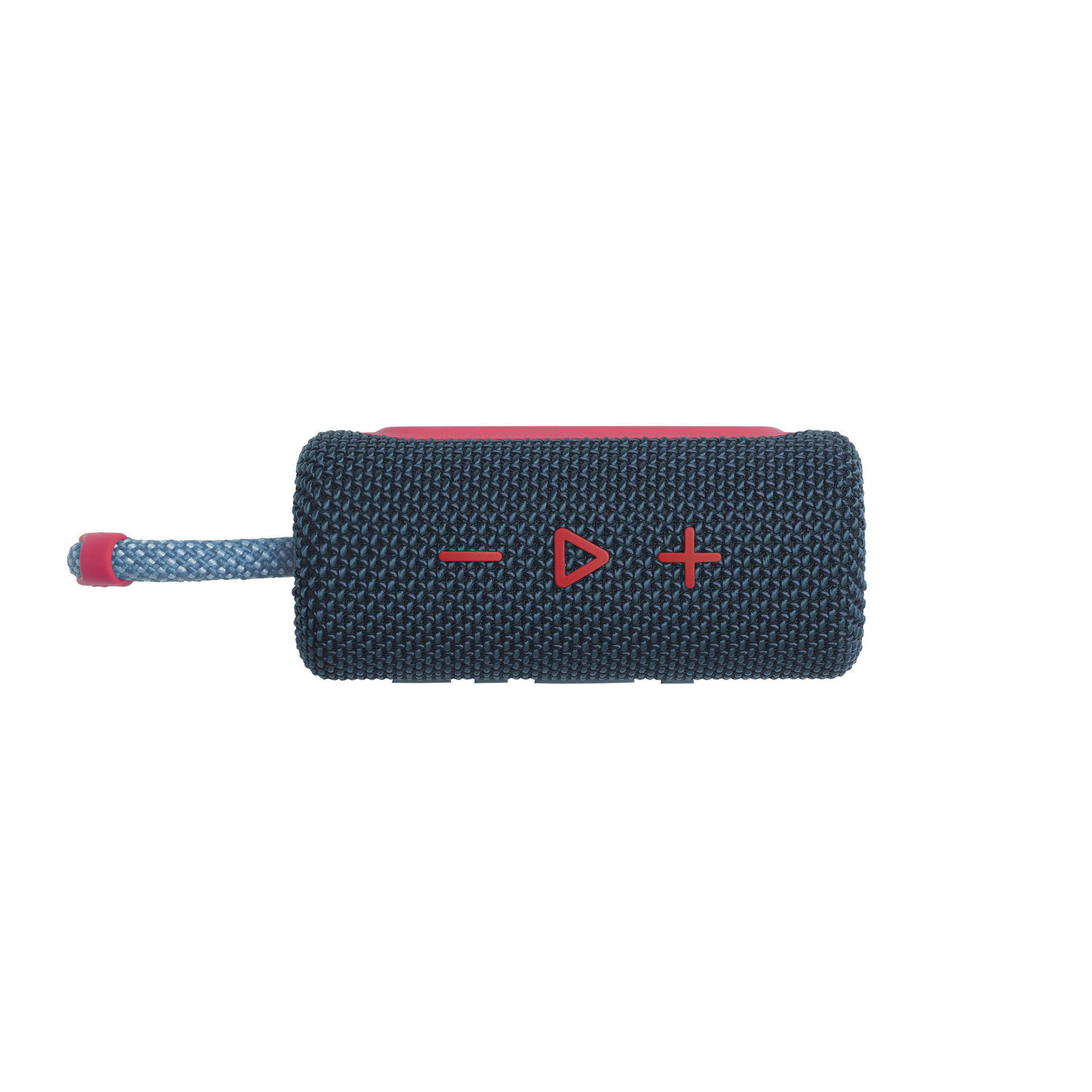 Ein blauer und roter tragbarer Bluetooth-Lautsprecher mit Trageschlaufe. Rote Bedientasten sind sichtbar.
