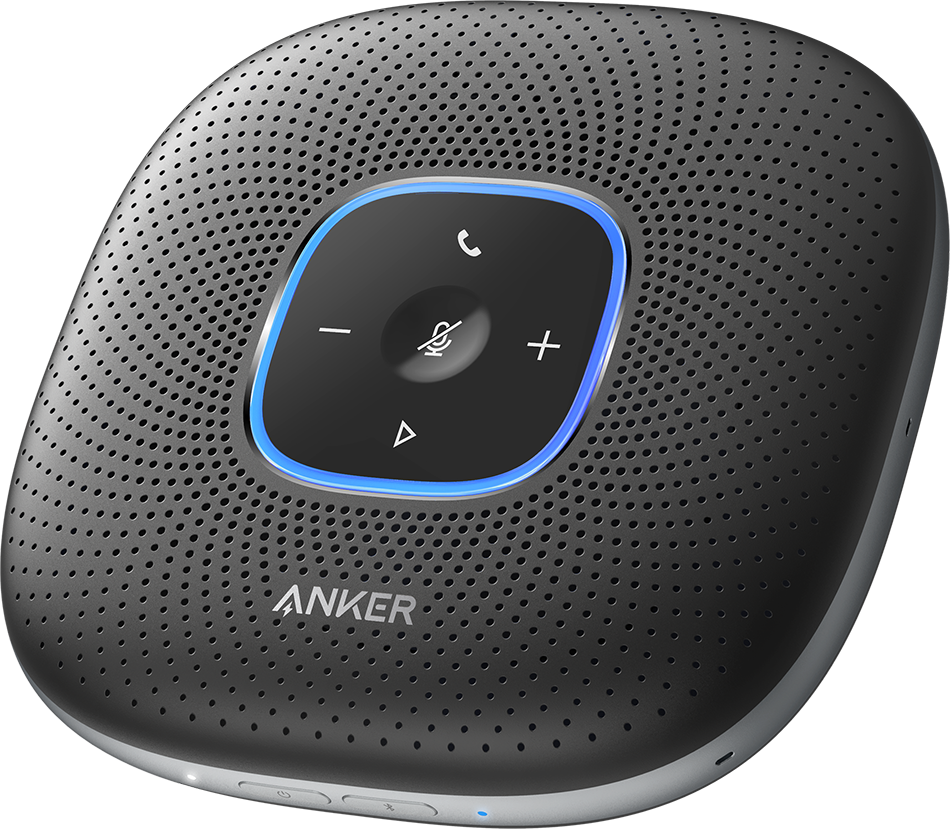Een zwarte Anker-luidspreker met knoppen en blauw licht. Het staat op een zwarte achtergrond.