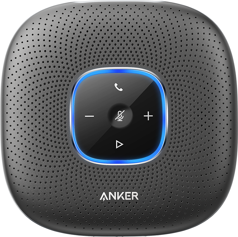 Zwarte Anker speakerphone. Touchbediening in het midden. Grijs geperforeerd oppervlak.