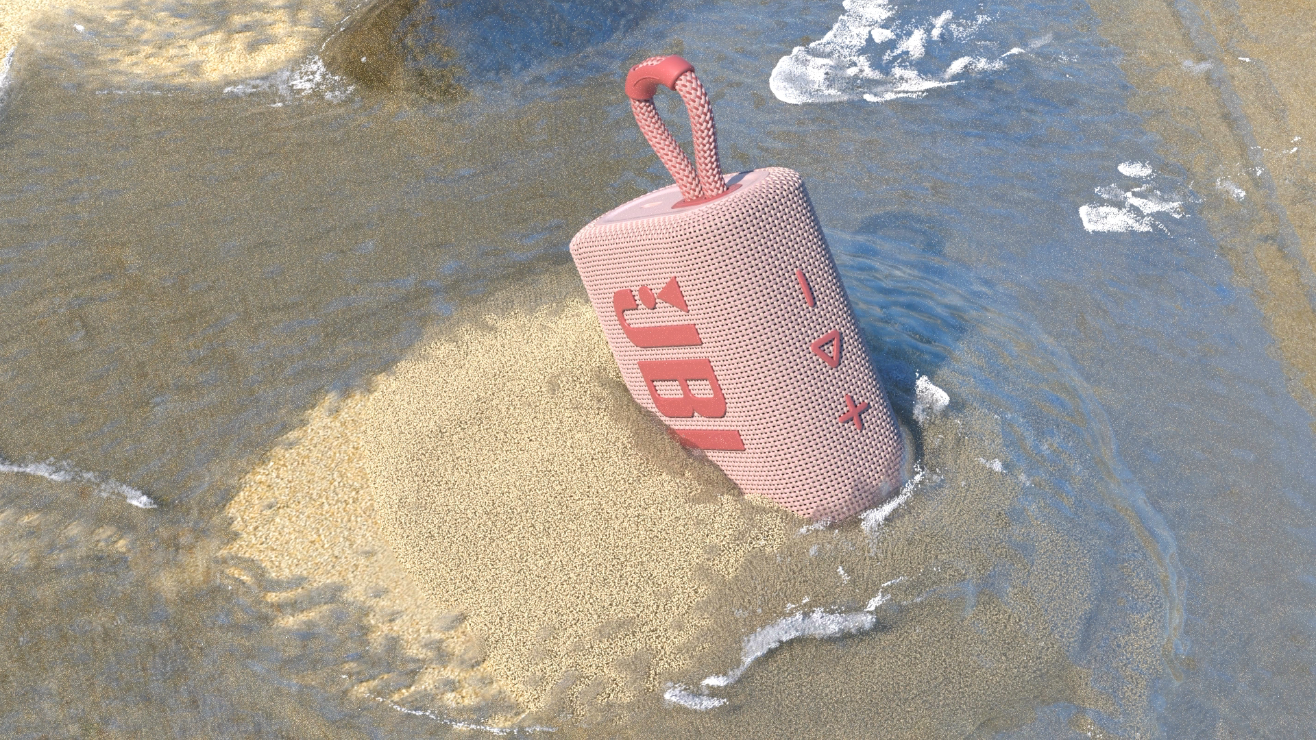 Rosa JBL-Lautsprecher in flachem Wasser, auf Sand, mit rosa Gurt.