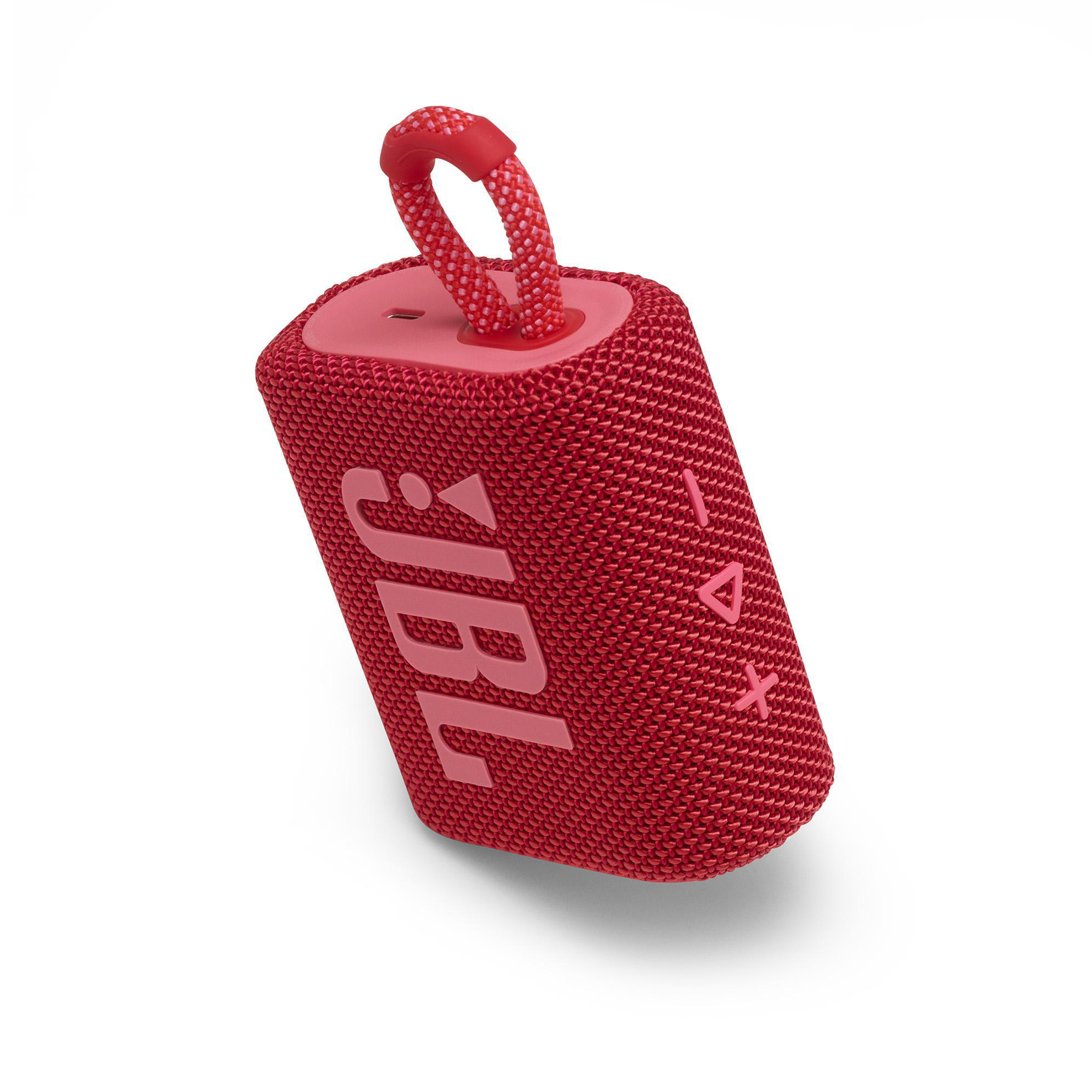 Roter JBL-Lautsprecher mit rotem Seil. Der Lautsprecher ist angewinkelt, mit JBL-Logo und Bedienfeld.