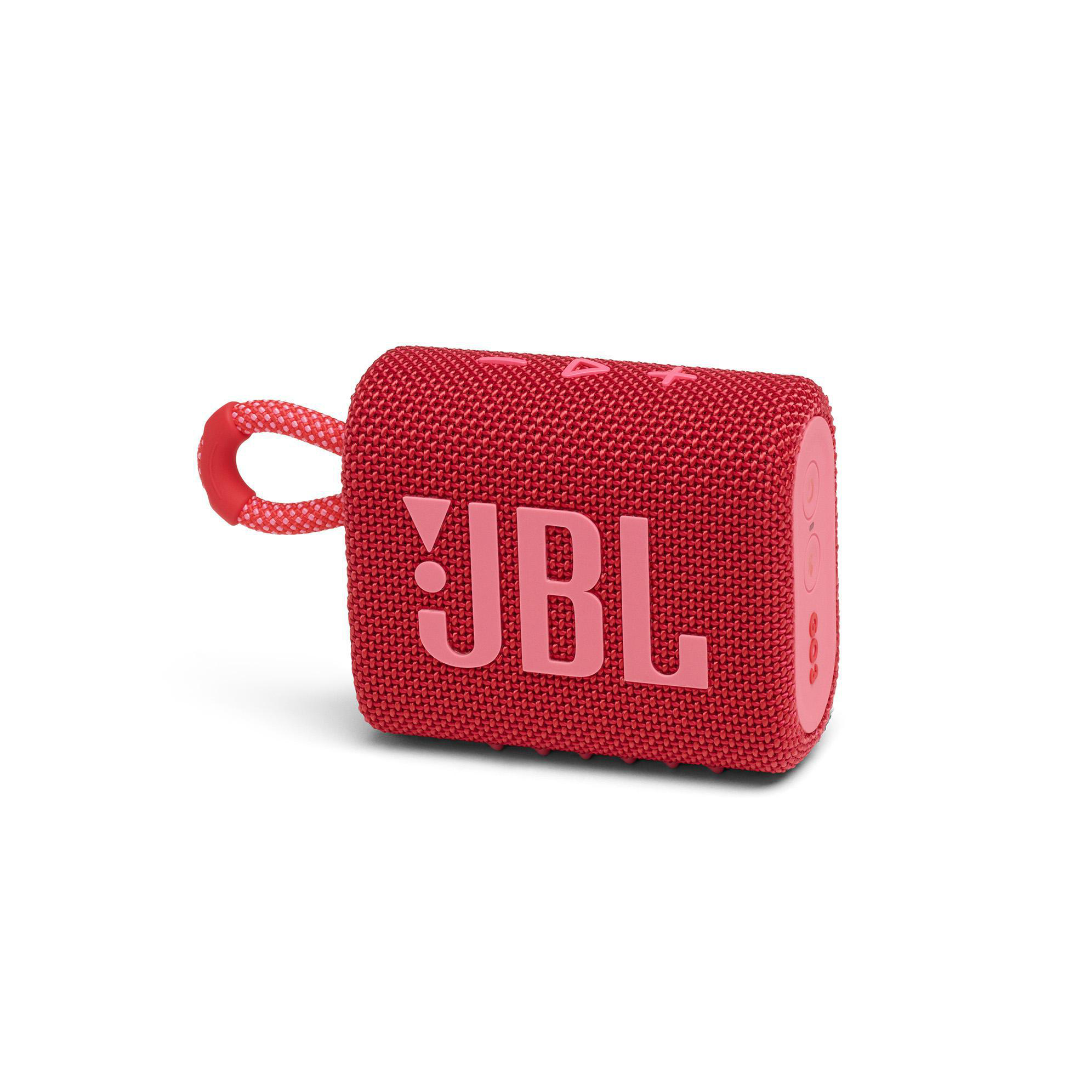Roter JBL-Lautsprecher. Hat eine Schlaufe zum Tragen. JBL-Logo auf der Vorderseite.