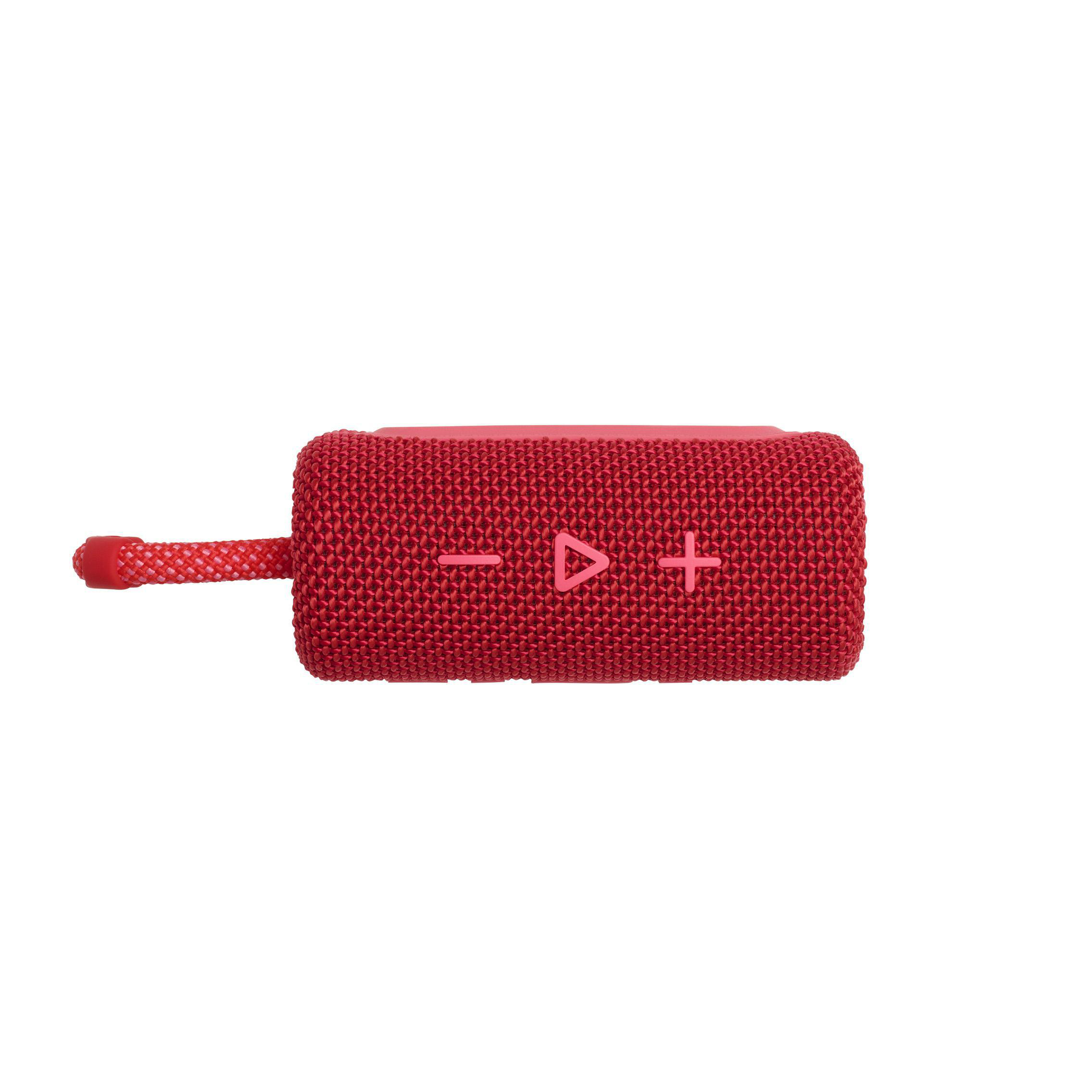 Roter rechteckiger Lautsprecher mit Steuertasten. Schwarzes Logo und Gurt.
