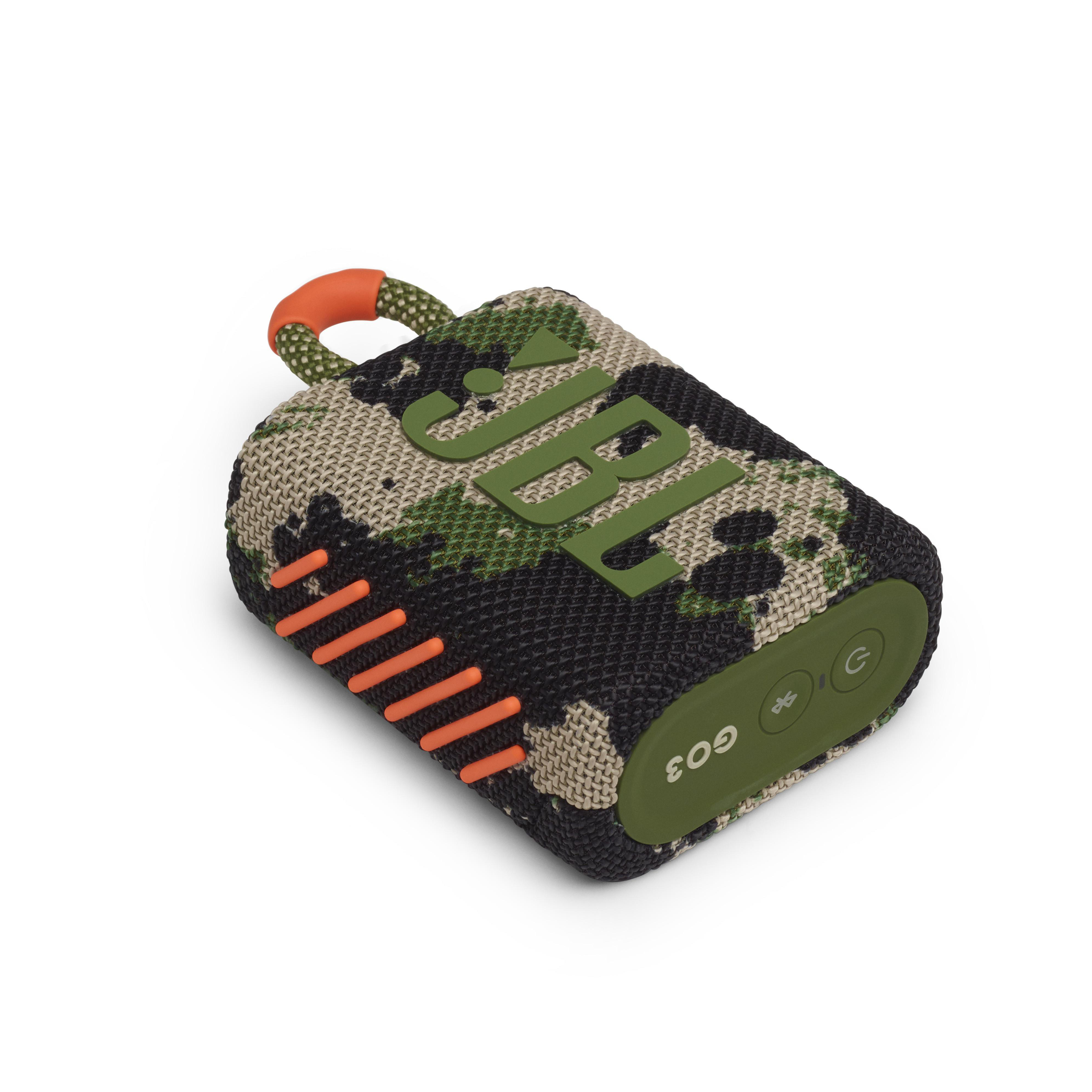 Ein Tarn JBL Go 3 Lautsprecher mit orangefarbenem Griff und weißem Hintergrund.