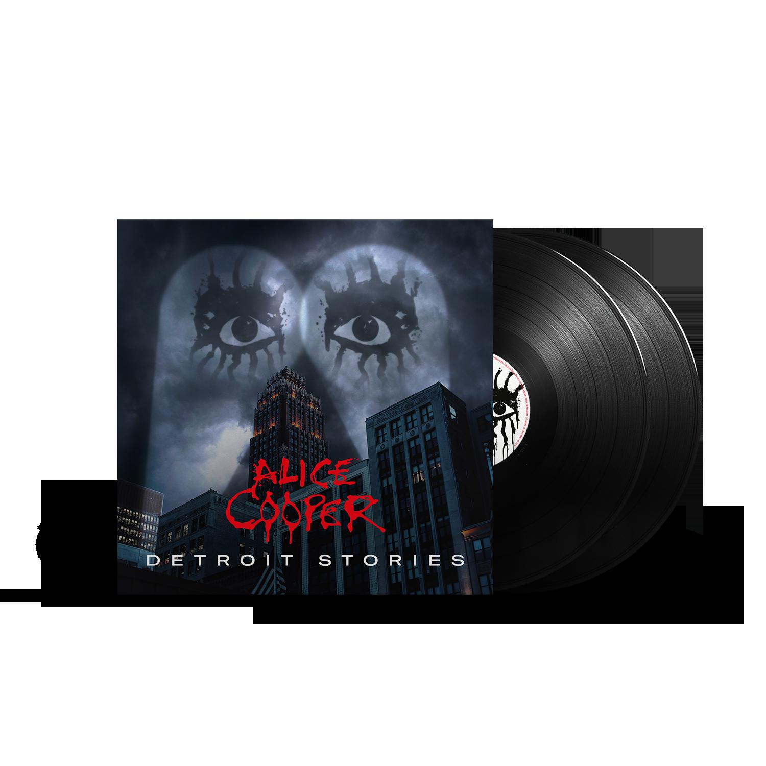Albumcover von Alice Coopers 'Detroit Stories'. Zwei schwarze Vinylplatten liegen neben dem Cover.