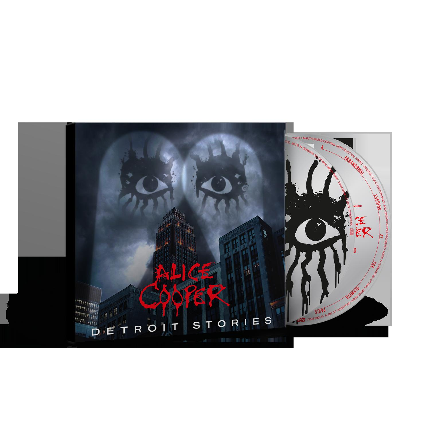 Albumcover für 'Detroit Stories' von Alice Cooper, mit der CD daneben.