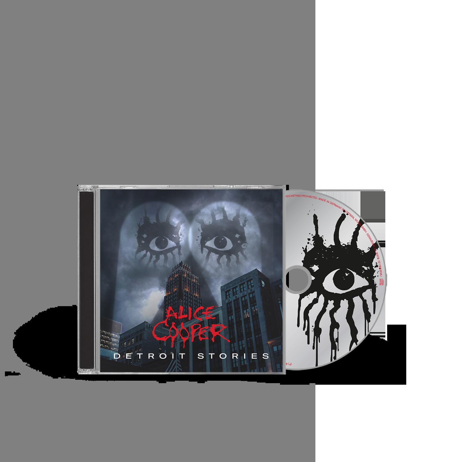 Albumcover von Alice Cooper, Detroit Stories mit Augen und Stadtbild.