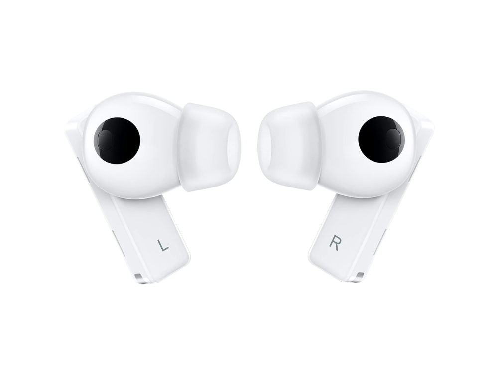 Auriculares inalámbricos blancos, con las letras 'L' y 'R' que indican izquierda y derecha.