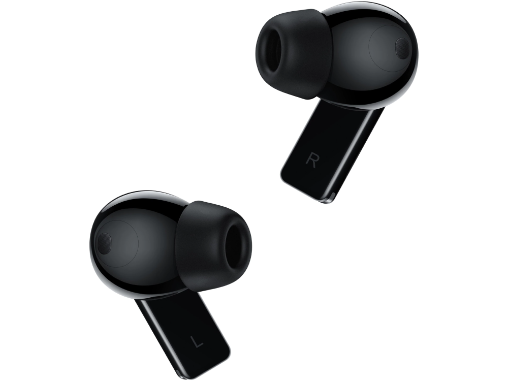 Dos auriculares inalámbricos negros, con marcas 'L' y 'R', sobre fondo blanco.