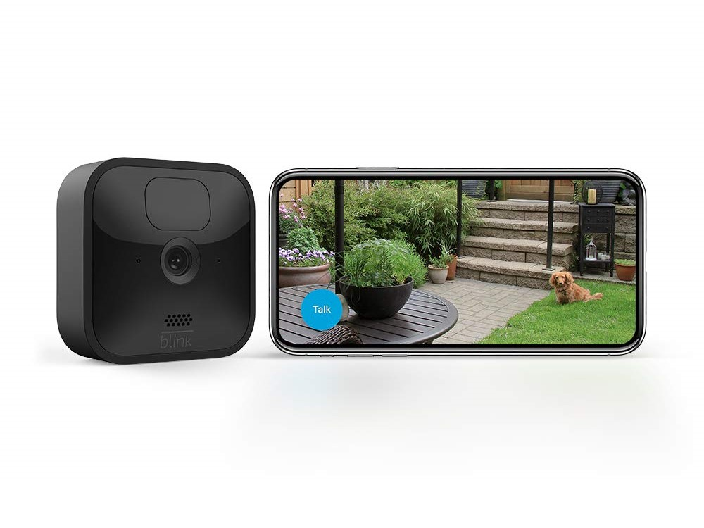 Cámara de seguridad Blink y un teléfono inteligente que muestra un patio trasero. Un perro está en la hierba.