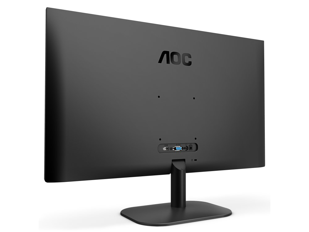Un monitor AOC negro visto desde atrás. El logotipo es visible. Fondo blanco.