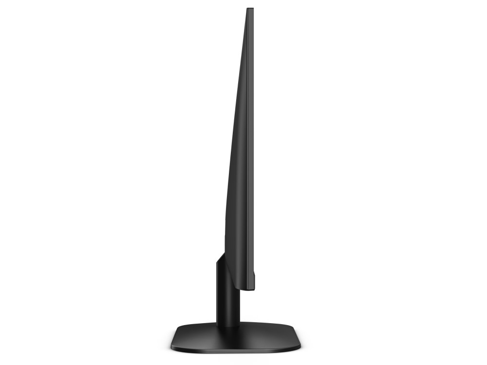 Un monitor de computadora negro visto de lado, con un soporte negro sobre un fondo blanco.