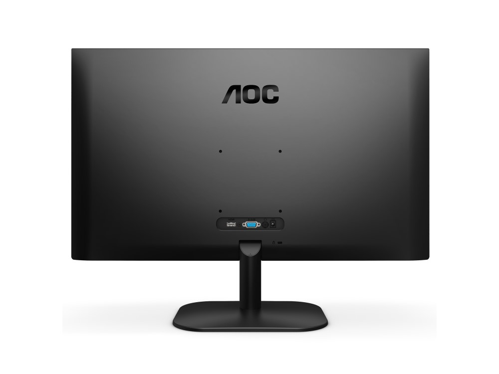 Monitor de computadora negro, vista trasera, con logo AOC y puertos de conexión.