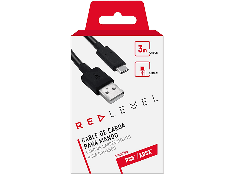Cable USB | Red Level Cable de carga mando, Para PS5 y Xbox Series X, USB-C a USB-A, 3m, Negro
