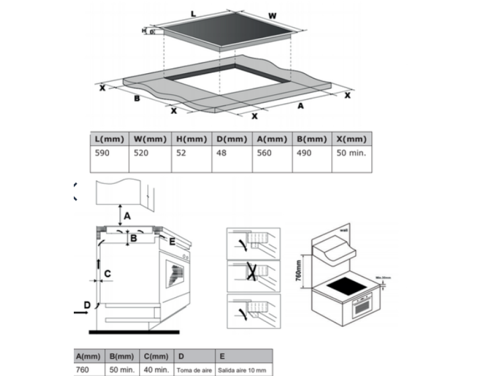 Diagrama de una encimera negra con dimensiones e instrucciones de instalación sobre fondo negro.
