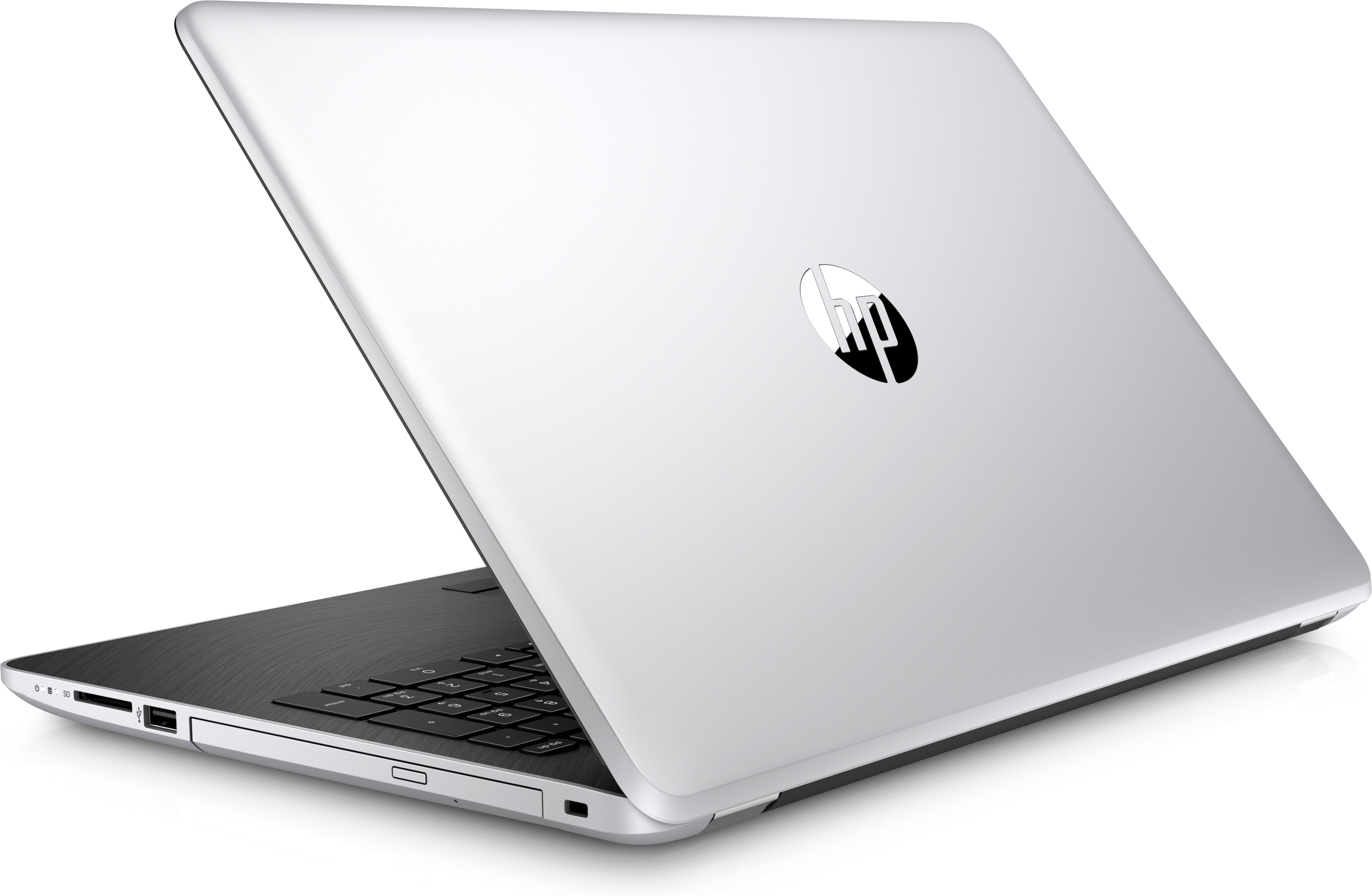 Silberner HP-Laptop, geöffnet, zeigt die Unterseite, mit HP-Logo, weißer Hintergrund.