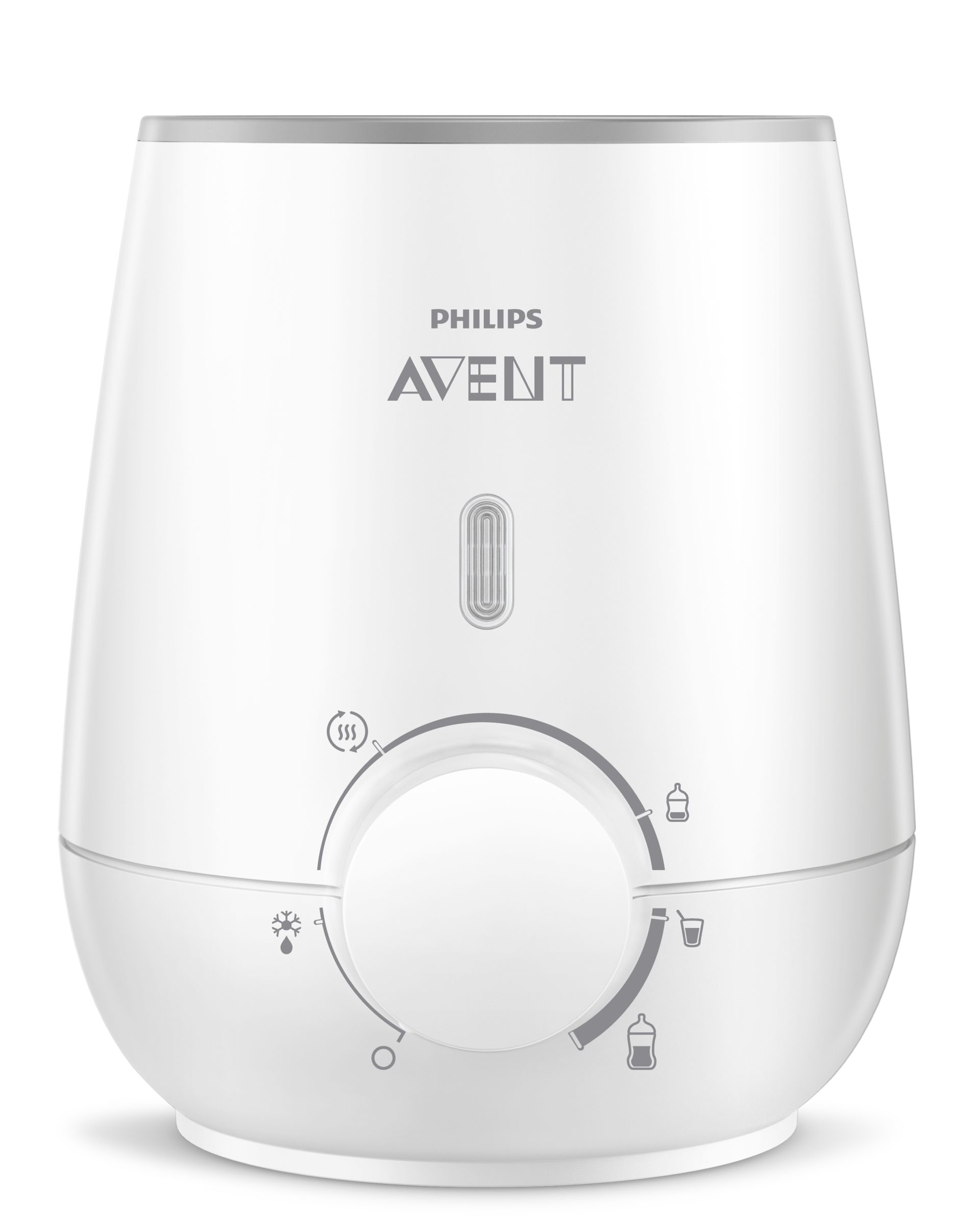 Calentador de biberones Philips Avent blanco. Tiene un dial e iconos.