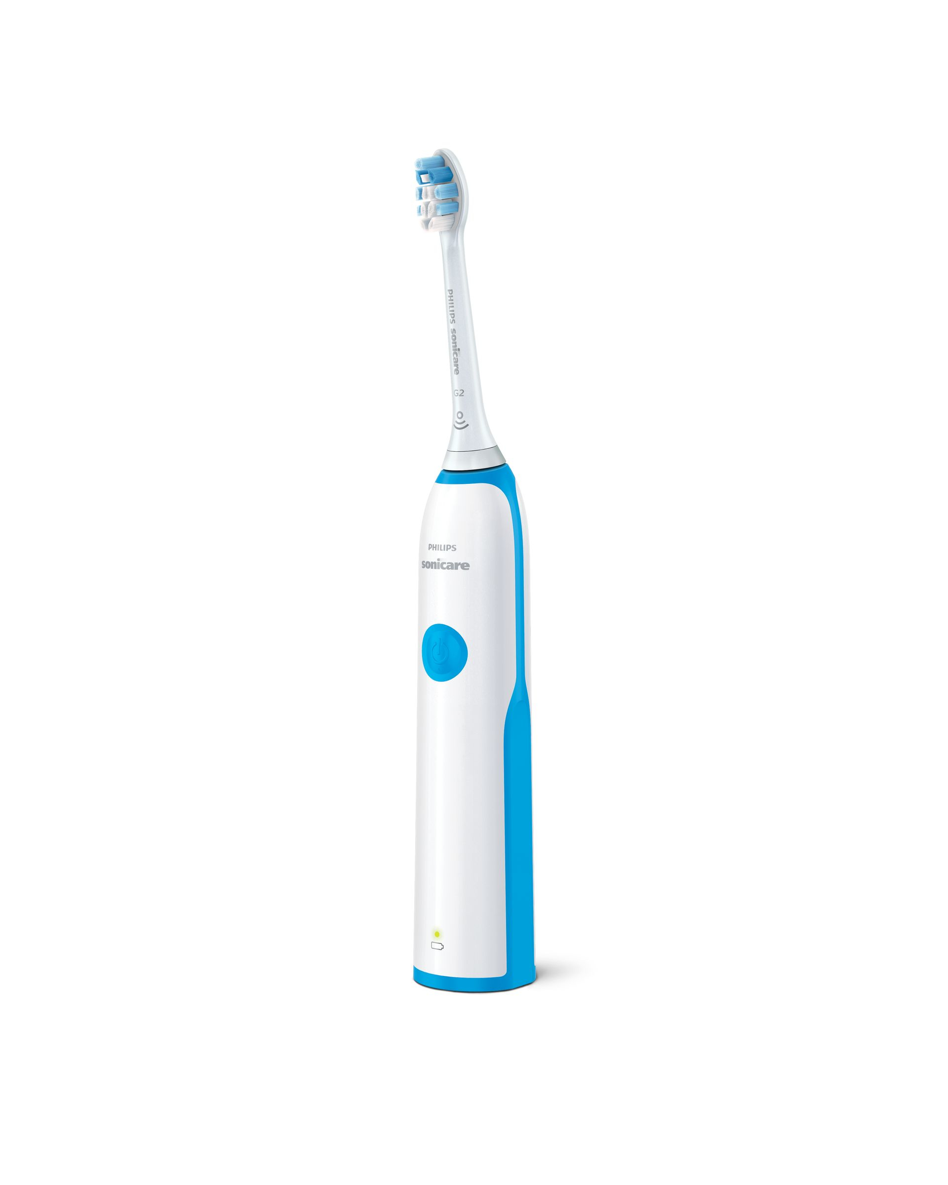 Un cepillo de dientes eléctrico. Es blanco y azul, con un botón azul. El cabezal es blanco.
