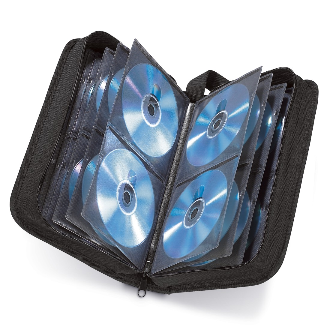 Eine schwarze CD-Hülle, offen, gefüllt mit blauen CDs. Die Hülle hat einen Griff und einen Reißverschluss.