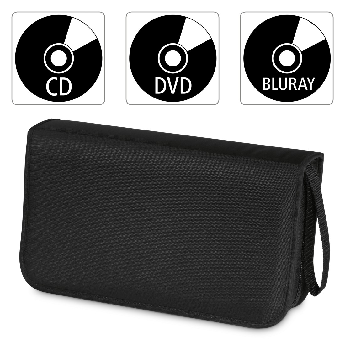Schwarze CD/DVD/Blu-ray Aufbewahrungstasche mit Etiketten und Reißverschluss auf weißem Grund.