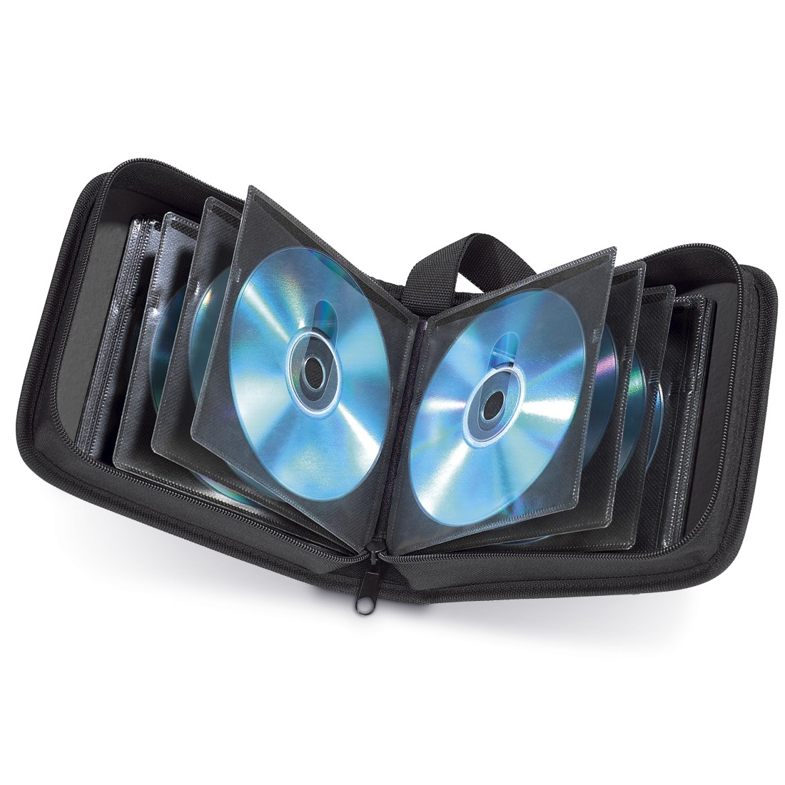 CD-Hülle mit mehreren CDs, sichtbar durch transparente Plastikseiten.