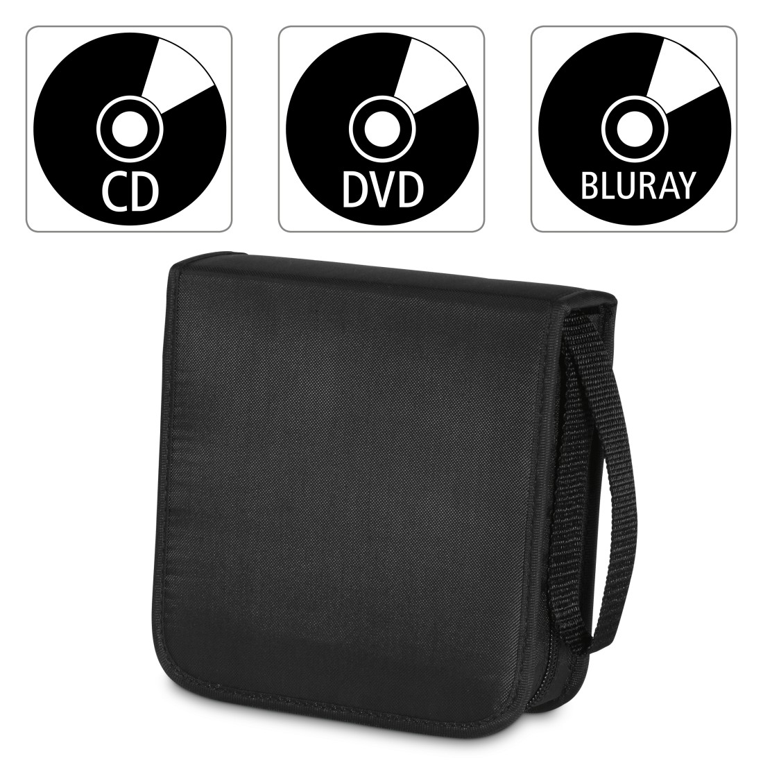 Schwarzes CD/DVD/Blu-ray-Etui mit Etiketten für jedes Format, isoliert auf weißem Hintergrund.