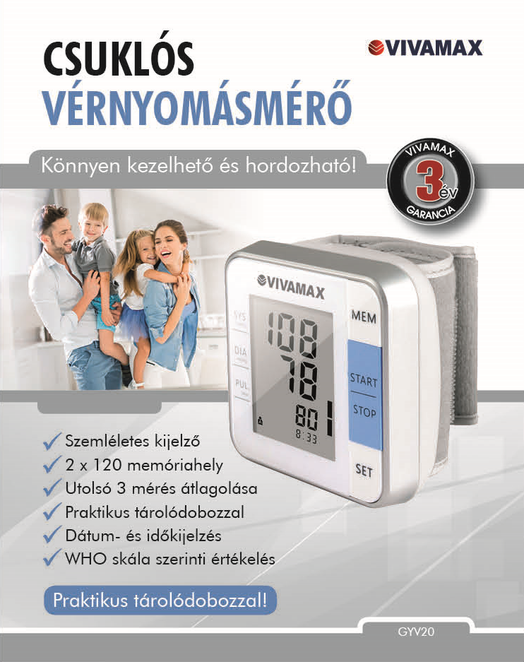 Hirdetés egy vérnyomásmérőhöz. A háttérben egy család látható. A monitor fehér és szürke.