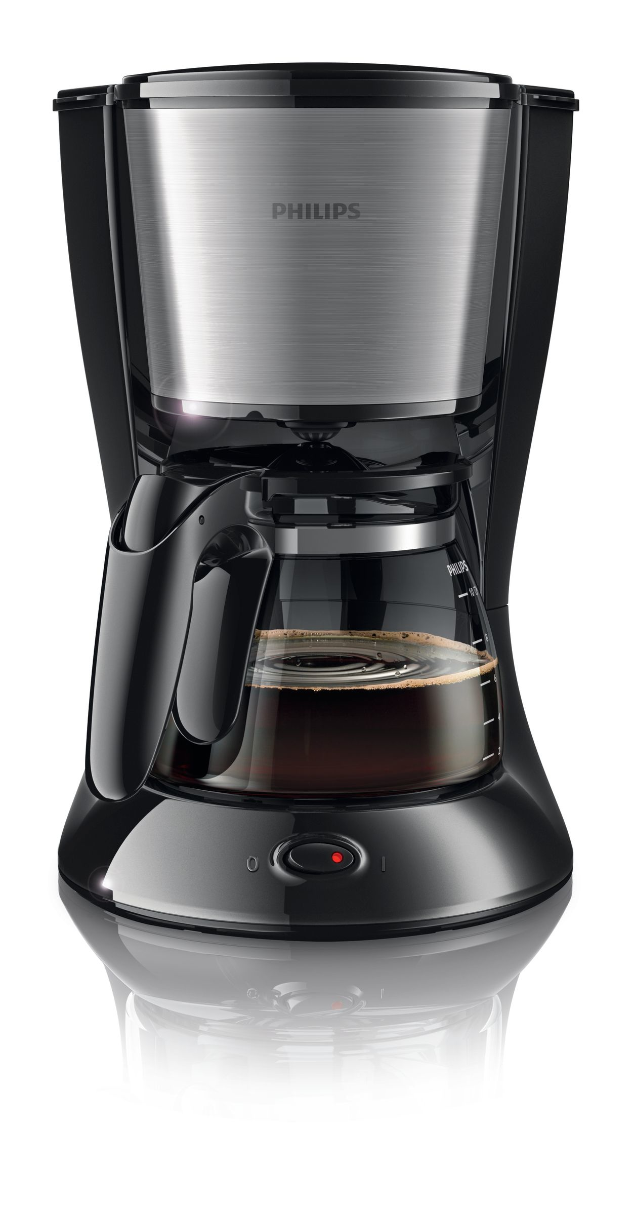 Black Philips coffee maker with glass carafe filled with coffee.