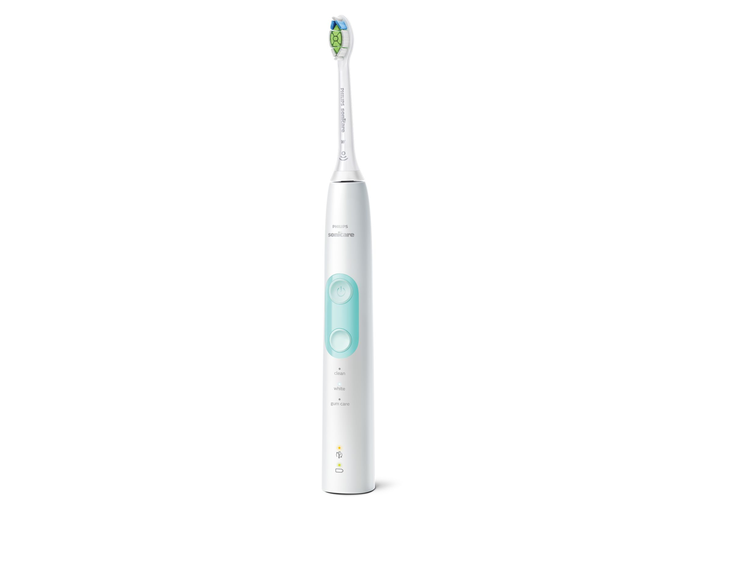 Brosse à dents électrique blanche avec un bouton bleu sarcelle et des indicateurs de mode, isolée sur blanc.