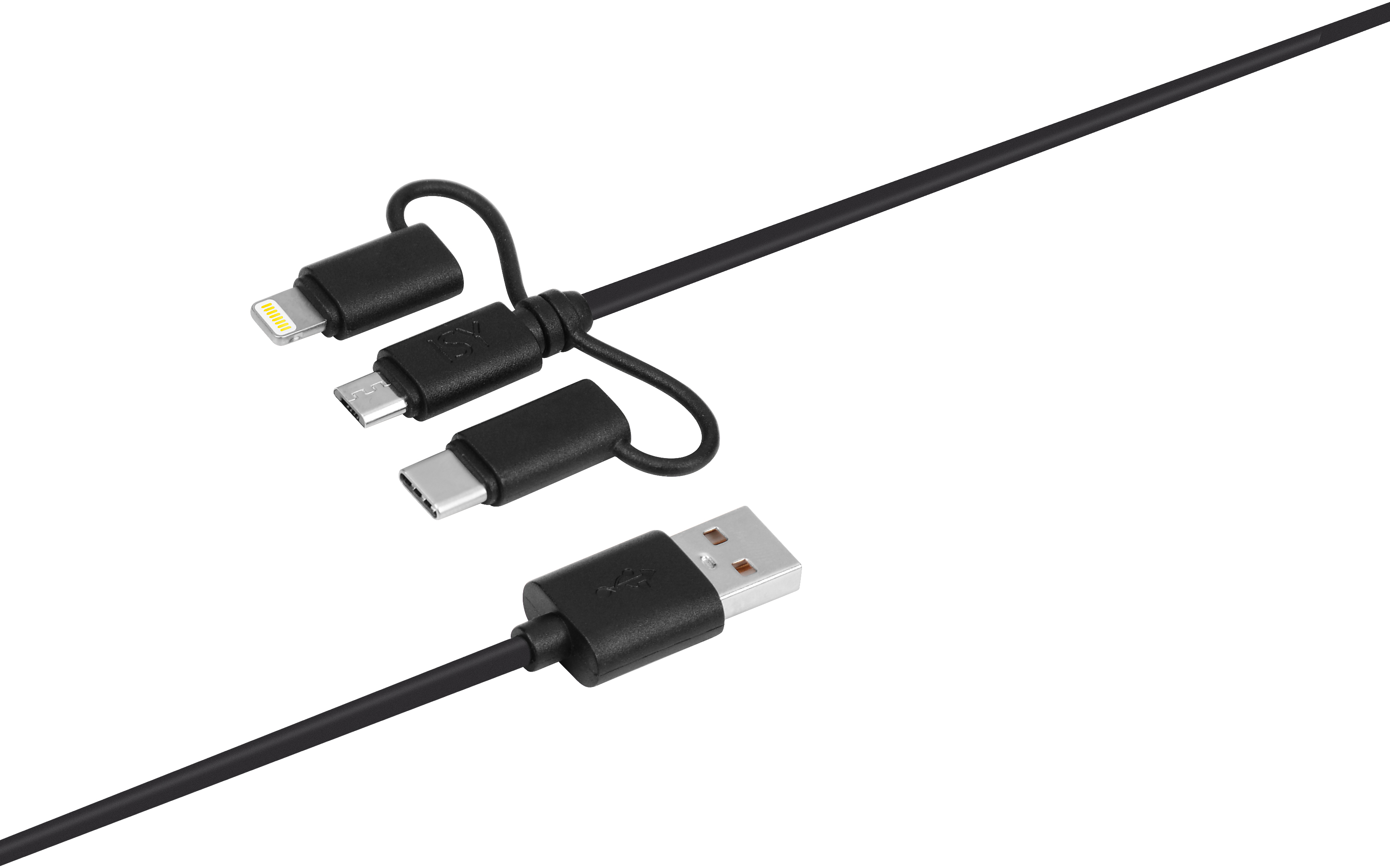 Schwarzes Ladekabel mit Lightning-, Micro-USB- und USB-C-Anschlüssen. Weißer Hintergrund.