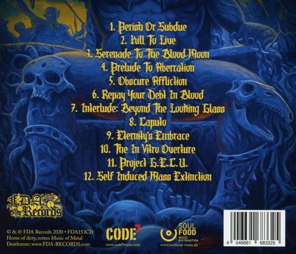 Album hátlapja számlistával és koponyákkal kék háttéren.
