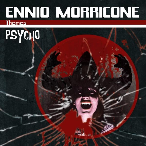 Albumhoes met bloederig gezicht in gebroken glas. Titel: Psycho. Artiest: Ennio Morricone.
