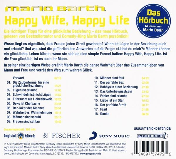 Buchcover für das Hörbuch 'Happy Wife, Happy Life' mit einer blauen Scheibenillustration.