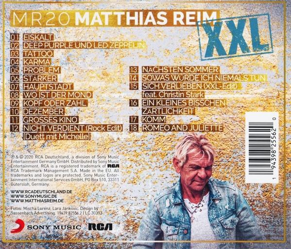 Rückseite einer CD mit Titelliste, Künstler Matthias Reim und dem Albumtitel 'XXL'.