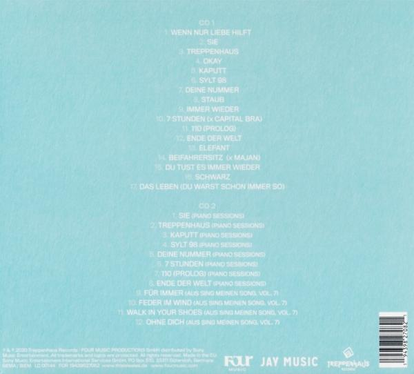 CD-Rückseite mit Titelliste auf hellblauem Hintergrund.