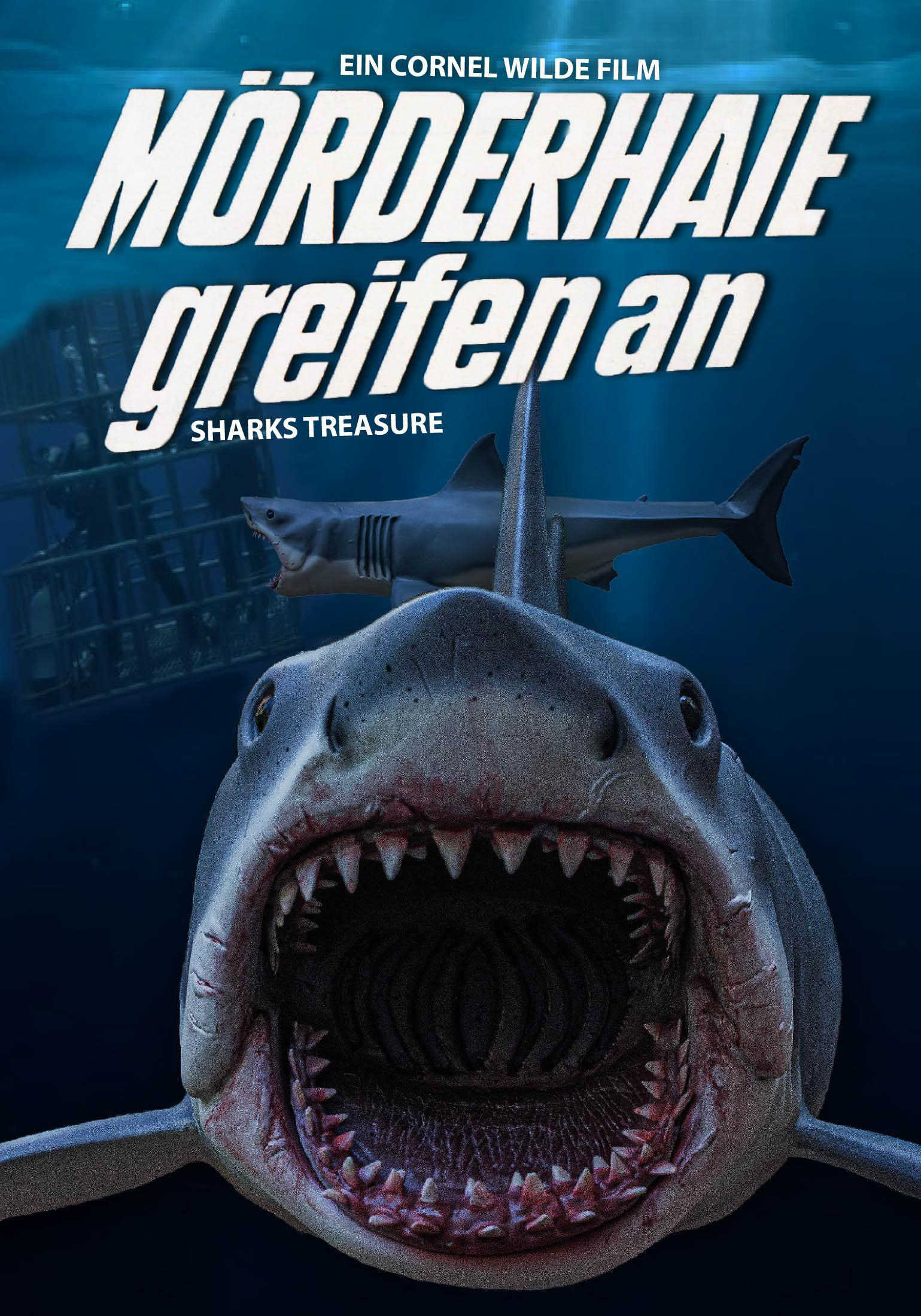 Filmposter zeigt einen Hai mit offenem Maul und Haie im Hintergrund mit dem Titel 'Morderhaie greifen an'.