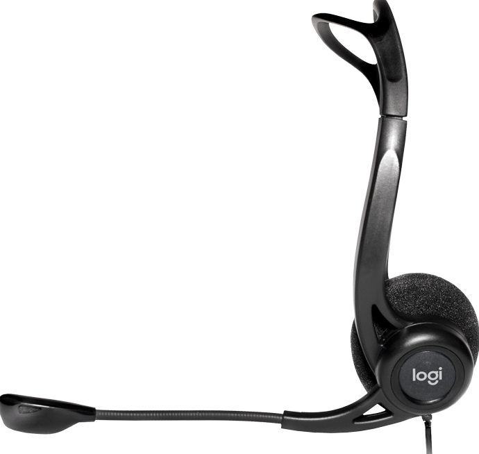 Cuffie nere con microfono. Logo Logi sull'auricolare. Design curvo e microfono nero.