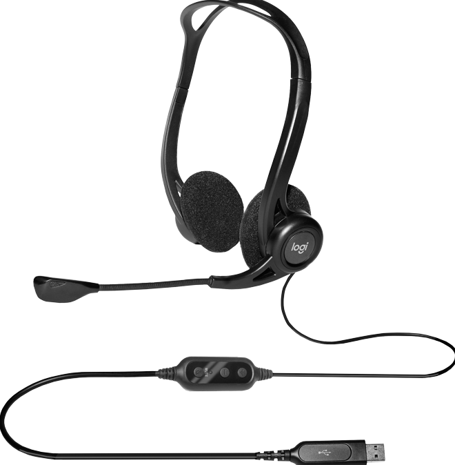 Cuffie Logitech nere con microfono. Cavo USB. Sfondo bianco.