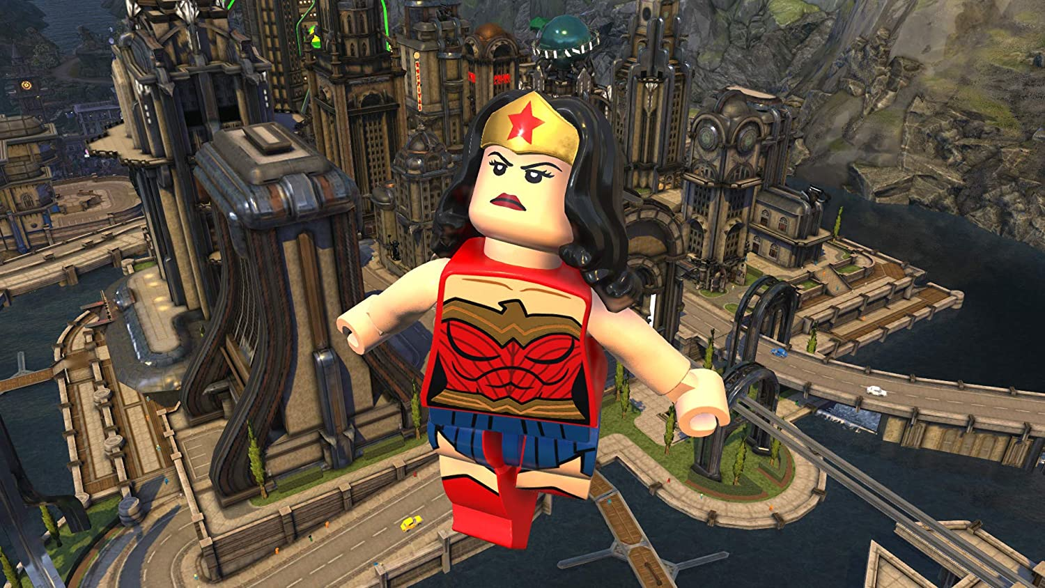 Lego Wonder Woman Figur in einer Stadtlandschaft. Die Figur ist rot und blau.