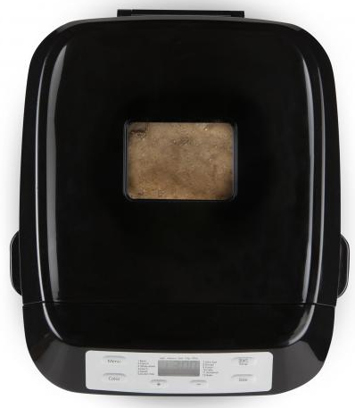Black bread maker with a rectangular window, on a white background.