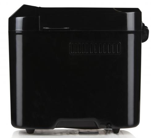 A black bread maker machine on a white background. Side view. Smooth, glossy surface.